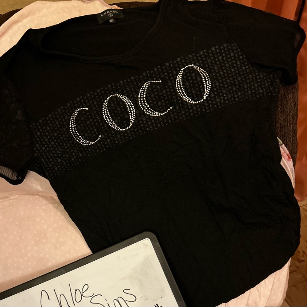 Chanel shirt! EUC! Has mesh short sleeves. rhinestones. WXXL but made small imo